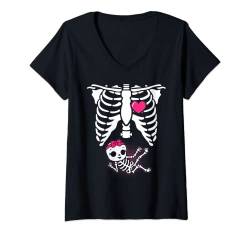 Damen Halloween Skelett Schwangerschaft Baby Mädchen Röntgenstrahlen Lustig Schwangere T-Shirt mit V-Ausschnitt von Funny Halloween Pregnancy Tshirt