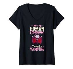 Damen This Is My Human Kostüm I'm Really A Vampire Lustig T-Shirt mit V-Ausschnitt von Funny Lazy Matching Family Halloween Costume Idea