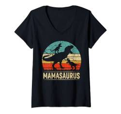 Damen Mama Dinosaurier T Rex Mamasaurus 2 Kinder Familienabstimmung T-Shirt mit V-Ausschnitt von Funny Matching Family Saurus T Rex