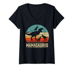 Damen Mama Dinosaurier T Rex Mamasaurus 3 Kinder Familie Matching T-Shirt mit V-Ausschnitt von Funny Matching Family Saurus T Rex