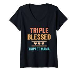 Damen Triple Blessed Triplet Mama Funny Triplet Mom Mother's Day T-Shirt mit V-Ausschnitt von Funny Mother's Day Mom Of Triplets Mom Women Gifts