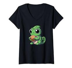 Damen Schleier Chamäleon Burger Reptil Lustiger Hamburger T-Shirt mit V-Ausschnitt von Funny Veiled Chameleon Gifts