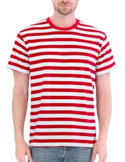 Funny World Herren T-Shirt Baumwolle Streifen Rundhals Kurzarm Basic Casual Top, Rot & Weiß, 3X-Groß von Funny World