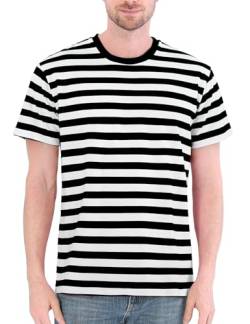 Funny World Herren T-Shirt Baumwolle Streifen Rundhals Kurzarm Basic Casual Top, Schwarz und Weiß, 3X-Groß von Funny World