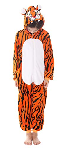FunnyCos Unisex-Kinder-Einteiler mit Kapuze, superweicher Flanell-Kostüm, Pyjama, Verkleidung, Spielanzug, Overall, tiger, 120 cm von FunnyCos