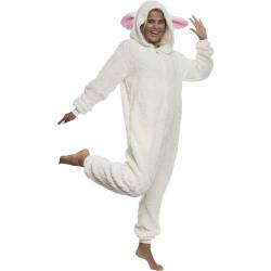 Funziez! Einteiliger Sherpa Lamb Tier Schlafanzug - Plüsch Unisex Cosplay Schaf Kostüm für Erwachsene - Weiß - Large von Funziez!