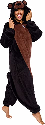 Funziez! Sherpa Bear Erwachsene Onesie Tier Halloween Kostüm Plüsch Teddy Einteiler Cosplay Anzug für Erwachsene Frauen Männer, Black Bear, S von Funziez!