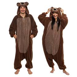 Funziez! Sherpa Bear Erwachsene Onesie Tier Halloween Kostüm Plüsch Teddy Einteiler Cosplay Anzug für Erwachsene Frauen Männer, Brown Bear, L von Funziez!