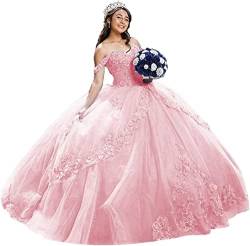 Fuomomo Elegante Spaghettiträger Tüll Quinceanera Kleider Ballkleid Geschwollenes langes Abendkleid mit Spitzenapplikationen für Frauen von Fuomomo