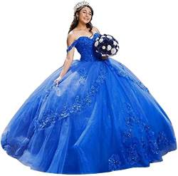 Fuomomo Elegante Spaghettiträger Tüll Quinceanera Kleider Ballkleid Geschwollenes langes Abendkleid mit Spitzenapplikationen für Frauen von Fuomomo