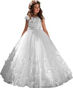 Fuomomo Weiß Blumenmädchenkleid Kinder Tüll Pageant Ballkleider Erstkommunion Kleid Prinzessin Kleid 2-14 Jahre, Weiß, 09 von Fuomomo