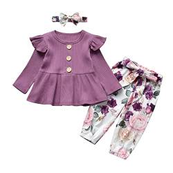 Fupality Baby Mädchen Kleidung Langarm Rüschen Top + Blumenhose + Schleife Stirnband 3-teiliges Outfit Set Lila (0-6 Monate) von Fupality