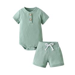 Fupality Babykleidung Neugeborene Jungen Mädchen Kleidung Einfarbig Baumwolle Unisex Baby Kurzarm Tops Shorts Baby Outfits Hellgrün-1 （0-3 Monate） von Fupality