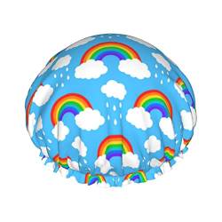 Rainbow Clouds Regentropfen-Duschhaube, doppellagig, wasserdicht, wiederverwendbar, elastische Haarkappe von Furlou