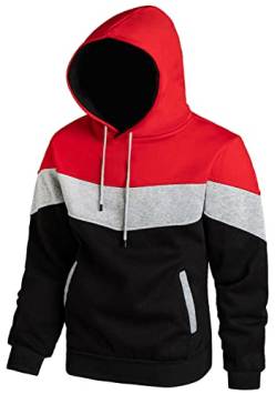 Herren-Kapuzenpullover, Sweatshirt, UK-Langarm, Fleece, Farbblock, Patchwork, Hoodies mit Tasche, Rot / Grau / Schwarz, L von Furpazven