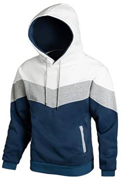 Hoodie Herren Pullover Sweatshirt Farbblock Vlies Langarm Kapuzenpullover Sweatjacke mit Tasche weiß Grau Blau XL von Furpazven