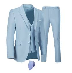 Furuyal Herren-Anzüge, 3-teilig, schmale Passform, Anzug-Set, zwei Knöpfe, Hochzeit, Business, Smoking, solide Blazer, Jacke, Weste, Hose mit Krawatte, Blau, S von Furuyal