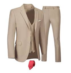 Furuyal Herren-Anzüge, 3-teilig, schmale Passform, Anzug-Set, zwei Knöpfe, Hochzeit, Business, Smoking, solide Blazer, Jacke, Weste, Hose mit Krawatte, Champagner, XL von Furuyal