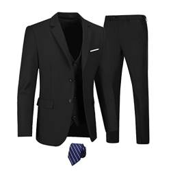 Furuyal Herren-Anzüge, 3-teilig, schmale Passform, Anzug-Set, zwei Knöpfe, Hochzeit, Business, Smoking, solide Blazer, Jacke, Weste, Hose mit Krawatte, Schwarz, S von Furuyal