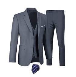 Furuyal Herren Anzüge 3-teiliges Slim Fit Anzug-Set, zwei Knöpfe, Hochzeit, Business, Smoking, solide Blazer, Jacke, Weste, Hose mit Krawatte, Dunkel_Grau, S von Furuyal