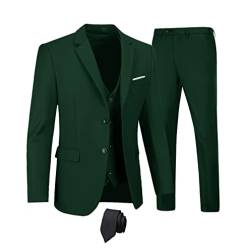 Furuyal Herren Anzüge 3-teiliges Slim Fit Anzug-Set, zwei Knöpfe, Hochzeit, Business, Smoking, solide Blazer, Jacke, Weste, Hose mit Krawatte, Dunkelgrün, S von Furuyal