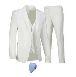 Furuyal Herren Anzüge 3-teiliges Slim Fit Anzug-Set, zwei Knöpfe, Hochzeit, Business, Smoking, solide Blazer, Jacke, Weste, Hose mit Krawatte, Elfenbein, XL von Furuyal