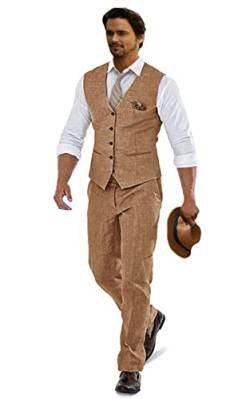 Furuyal Lässige Hochzeitsanzüge, Leinenanzüge für Herren, 2-teiliges Anzug, Trauzeugen, Smoking, Sommer, Strand, Abschlussball, Weste und Hosen-Set, khaki, L von Furuyal