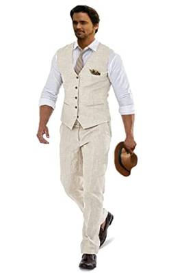 Furuyal Leinenanzüge für Herren, lässig, Hochzeit, 2-teilig, Anzüge für Trauzeugen, Smoking, Sommer, Strand, Abschlussball, Weste und Hose, Beige, XS von Furuyal