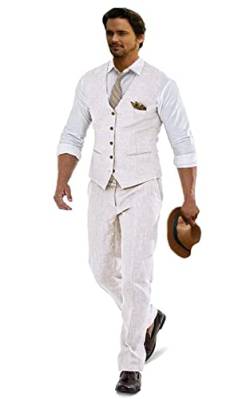 Furuyal Leinen Anzüge für Männer Casual Hochzeit Anzüge Männer 2 Stück Anzüge Trauzeugen Smoking Sommer Strand Abschlussball Weste und Hosen Set, Elfenbein, XL von Furuyal