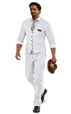 Furuyal Leinen Anzüge für Männer Casual Hochzeit Anzüge Männer 2 Stück Anzüge Trauzeugen Smoking Sommer Strand Abschlussball Weste und Hosen Set, Weiss/opulenter Garten, XL von Furuyal