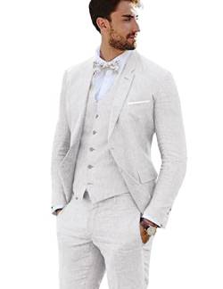 Furuyal Leinenanzug 3-teilig Vintage Retro Hochzeit Abschlussball Anzüge Slim Fit Jacke Blazer Bräutigam Smoking, Weiss/opulenter Garten, M von Furuyal