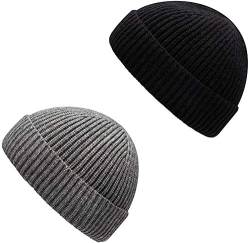 Furwabo Trawler Beanie Watch Hut Aufrollen Edge,Winter Warme Strickmützen Fischer Unisex(Schwarz+Grau) von Furwabo