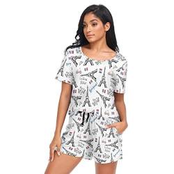 Fustylead France Eiffelturm Damen Pyjama-Set, kurze Ärmel, Nachtwäsche mit Taschen, weiß, 36 von Fustylead