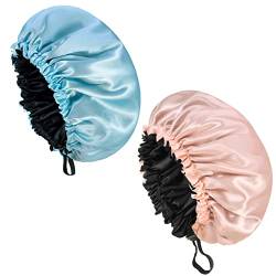 Fuyamp 2 Packungen Satin-Schlafkappe, doppelseitige wasserdichte Satin-Haarkappe, extra große Schlaf-Satinhaube für Frauen und Mädchen zum Schlafen (Blau + Rosa) von Fuyamp
