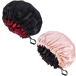 Fuyamp 2 Packungen Satin-Schlafmütze, verstellbar, seidige Schlafhaube für Frauen, langes Haar, doppelseitige Satin-Haarkappe, Schlaf-Satin-Motorhaube für Frauen (rosa + schwarz) von Fuyamp