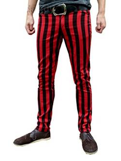 Fuzzdandy Herren Gestreift Röhren Dick Rot Schwarze Streifen Medern Indie Hosen - Rot & Schwarz Streifen, 34" Waist x 33" Leg von Fuzzdandy