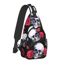 FyLybois Sling Bag Mehrzweck-Crossbody-Rucksack für Damen, Brusttasche, Tagesrucksack, Outdoor, Radfahren, Wandern, Reisen, Rose und Totenkopf, Medium, modisch von FyLybois