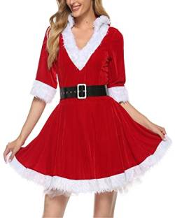 Damen Frau Claus Weihnachtsmann Kostüm Set Fancy Samt Kapuze Cosplay Set Weihnachtskleid Themenparty Bühnenshow Kostüm mit Gürtel und Petticoat, D-rot, X-Large von Fylovery