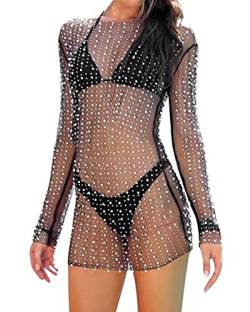 Damen Glänzende Strasssteine Kleid Fischnetz Ausschnitt Transparent Langarm Crop Tops für Club Bademode Kleid Bikini Cover Up Streetwear, D-schwarz, M von Fylovery