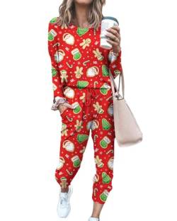 Damen Weihnachten Casual Outfits Cartoon Print Langarm Rundhals Pullover Tops Kordelzug Lange Hosen 2 Stück Loungewear Set, rot (a), 42 von Fylovery