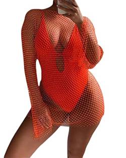 Frauen Glänzende Strasssteine Kleid Fischnetz Ausschnitt Durchsichtig Langarm Crop Tops für Club Bademode Kleid Bikini Cover Up Streetwear, rot (a), L von Fylovery