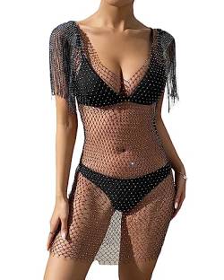 Frauen Glänzende Strasssteine Kleid Fischnetz Ausschnitt Durchsichtig Langarm Crop Tops für Club Bademode Kleid Bikini Cover Up Streetwear01, J-black, Small von Fylovery