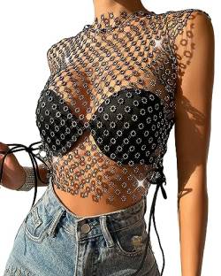 Frauen Glänzende Strasssteine Kleid Fischnetz Ausschnitt Durchsichtig Langarm Crop Tops für Club Bademode Kleid Bikini Cover Up Streetwear01, L-schwarz, L von Fylovery