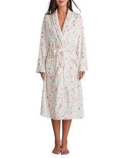 Fylovery Damen-Bademantel mit Fruchtdruck, Fleece, weich, warm, Kimono, Spa-Bademantel, Y2K, niedlicher Hausmantel, gemütlich, Plüsch, langes Nachthemd, Pyjama, Loungewear mit Gürtel, A-weißer von Fylovery