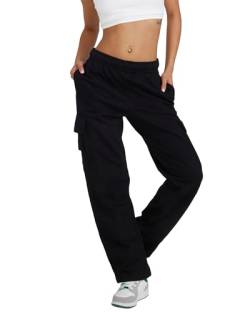 Fylovery Damen-Jogginghose, elastische Taille, Sporthose, lässige Cargohose, Trainingshose, lockere Passform, Outdoor-Streetwear, A-schwarz, S von Fylovery