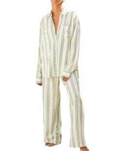Fylovery Damen Pyjama Set Gestreifter Druck 2 Stück Nachtwäsche Langarm Button Down Baumwolle Hemd Hosen Casual Nachtwäsche Home Loungewear, A-grün, 36 von Fylovery
