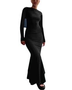 Fylovery Damen Spaghetti-Träger-Ausschnitt, langes Kleid, einfarbig, figurbetont, ausgestellt, lange Ärmel, rückenfrei, Fischschwanz, langes Kleid, elegantes Party-Abendkleid, C-schwarz, Small von Fylovery