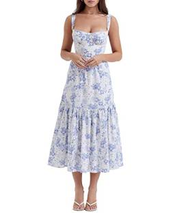 Fylovery Damen Y2K ärmelloses florales Mittelkleid, tiefer Ausschnitt, figurbetontes Kleid, rückenfrei, Bustier-Saum, Schlitz, Slip, Cami-Kleid, Boho, A-Linie, fließendes Sommerkleid, e-blau, Small von Fylovery