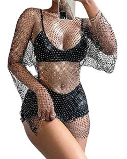 Fylovery Frauen Glänzende Strasssteine Kleid Fischnetz Ausschnitt Durchsichtig Langarm Crop Tops für Club Bademode Kleid Bikini Cover Up Streetwear, A-schwarz, Medium von Fylovery