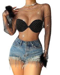 Fylovery Frauen Glänzende Strasssteine Kleid Fischnetz Ausschnitt Durchsichtig Langarm Crop Tops für Club Bademode Kleid Bikini Cover Up Streetwear, H-schwarz, L von Fylovery